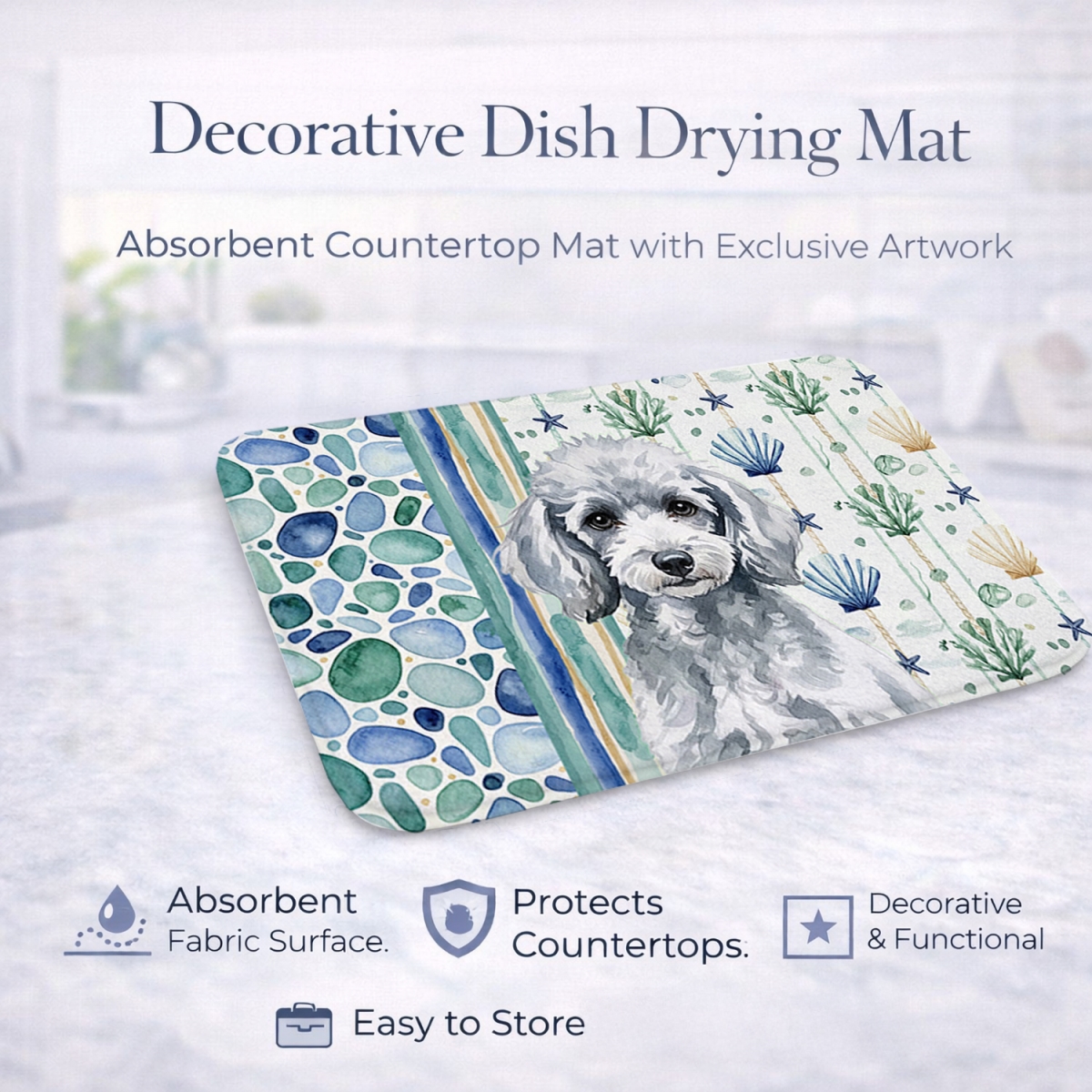 Picture of Carolines Treasures WDK7167DDM 21 x 14 in. Miniature Silver Poodle Coastal Sea Glass Dish Drying Mat
