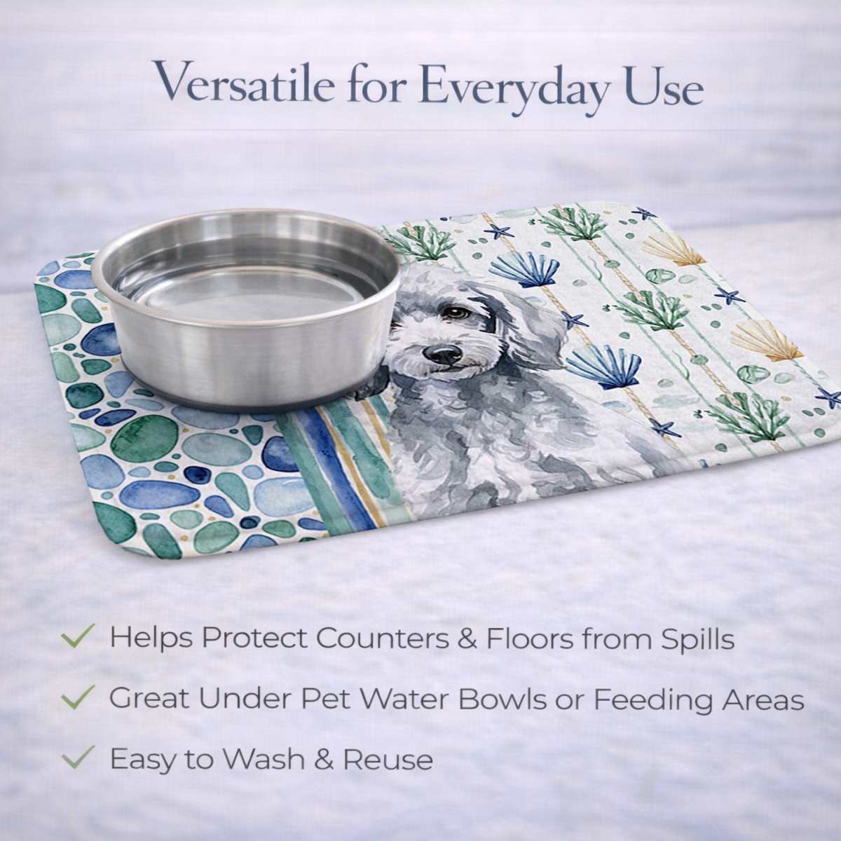 Picture of Carolines Treasures WDK7167DDM 21 x 14 in. Miniature Silver Poodle Coastal Sea Glass Dish Drying Mat