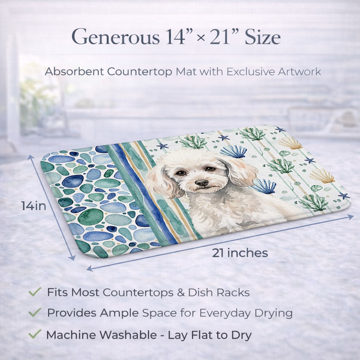Picture of Carolines Treasures WDK7168DDM 21 x 14 in. Miniature White Poodle Coastal Sea Glass Dish Drying Mat