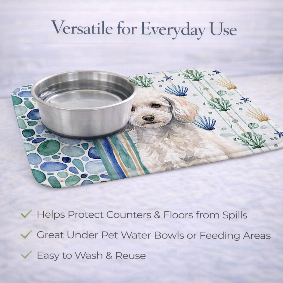 Picture of Carolines Treasures WDK7168DDM 21 x 14 in. Miniature White Poodle Coastal Sea Glass Dish Drying Mat