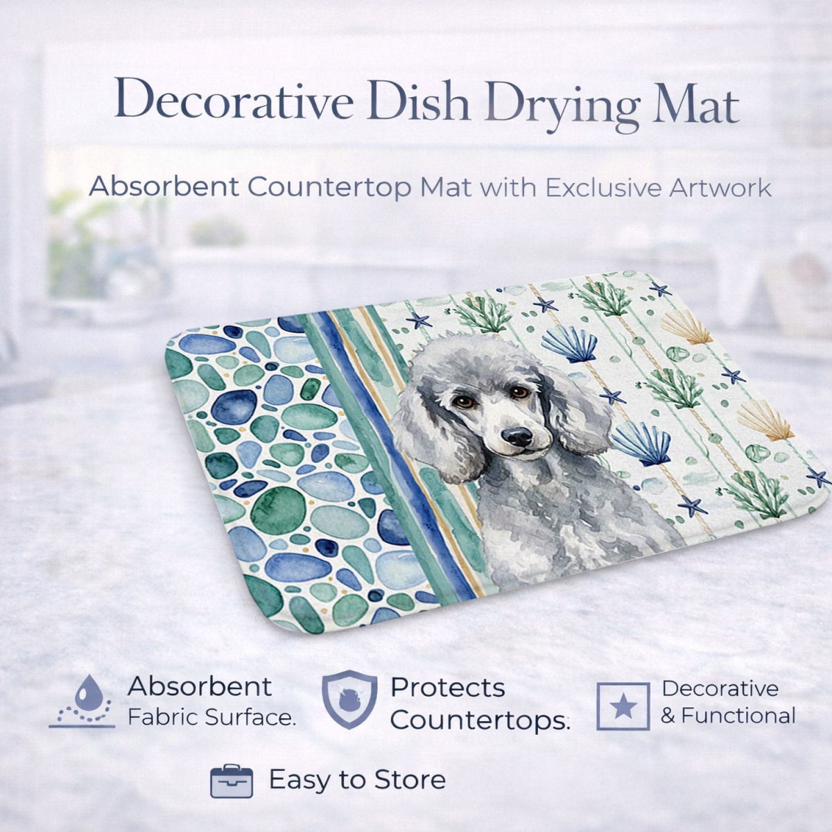 Picture of Carolines Treasures WDK7170DDM 21 x 14 in. Standard Silver Poodle Coastal Sea Glass Dish Drying Mat