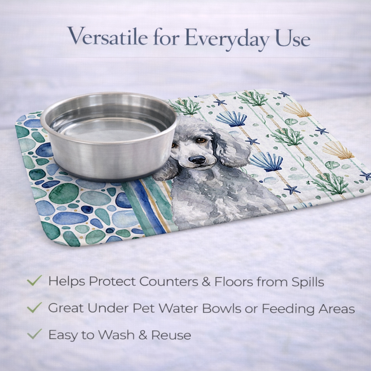 Picture of Carolines Treasures WDK7170DDM 21 x 14 in. Standard Silver Poodle Coastal Sea Glass Dish Drying Mat