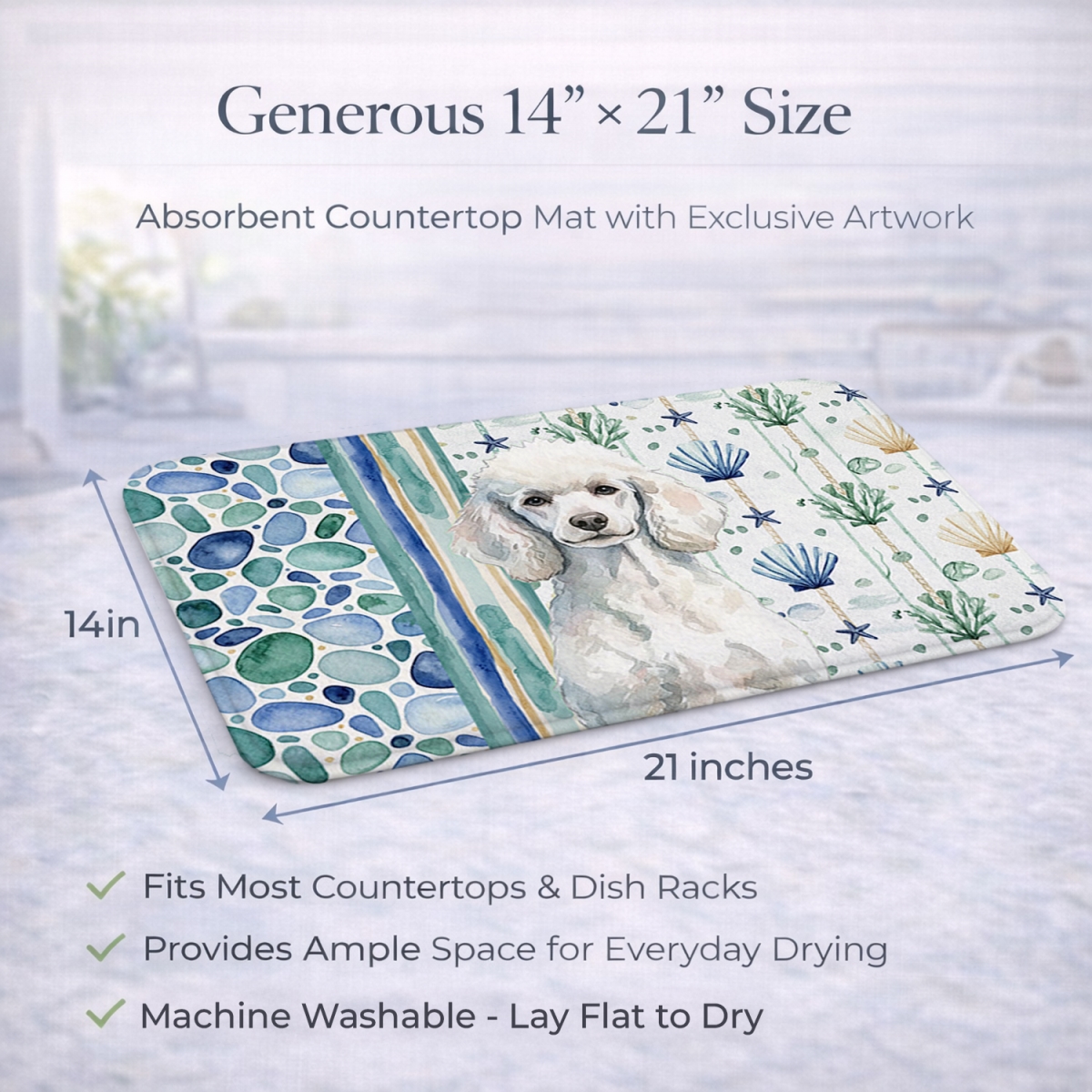 Picture of Carolines Treasures WDK7171DDM 21 x 14 in. Standard White Poodle Coastal Sea Glass Dish Drying Mat