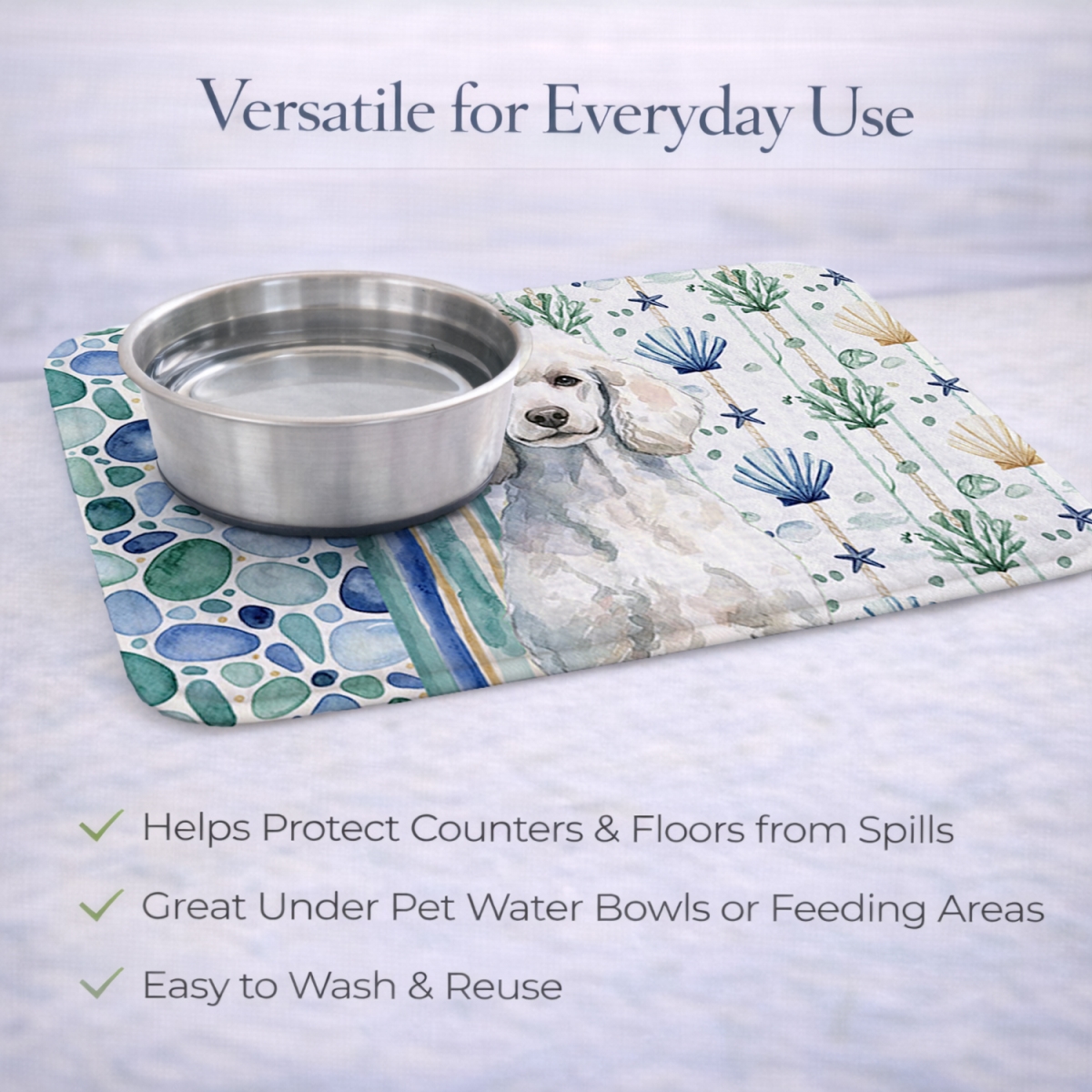 Picture of Carolines Treasures WDK7171DDM 21 x 14 in. Standard White Poodle Coastal Sea Glass Dish Drying Mat