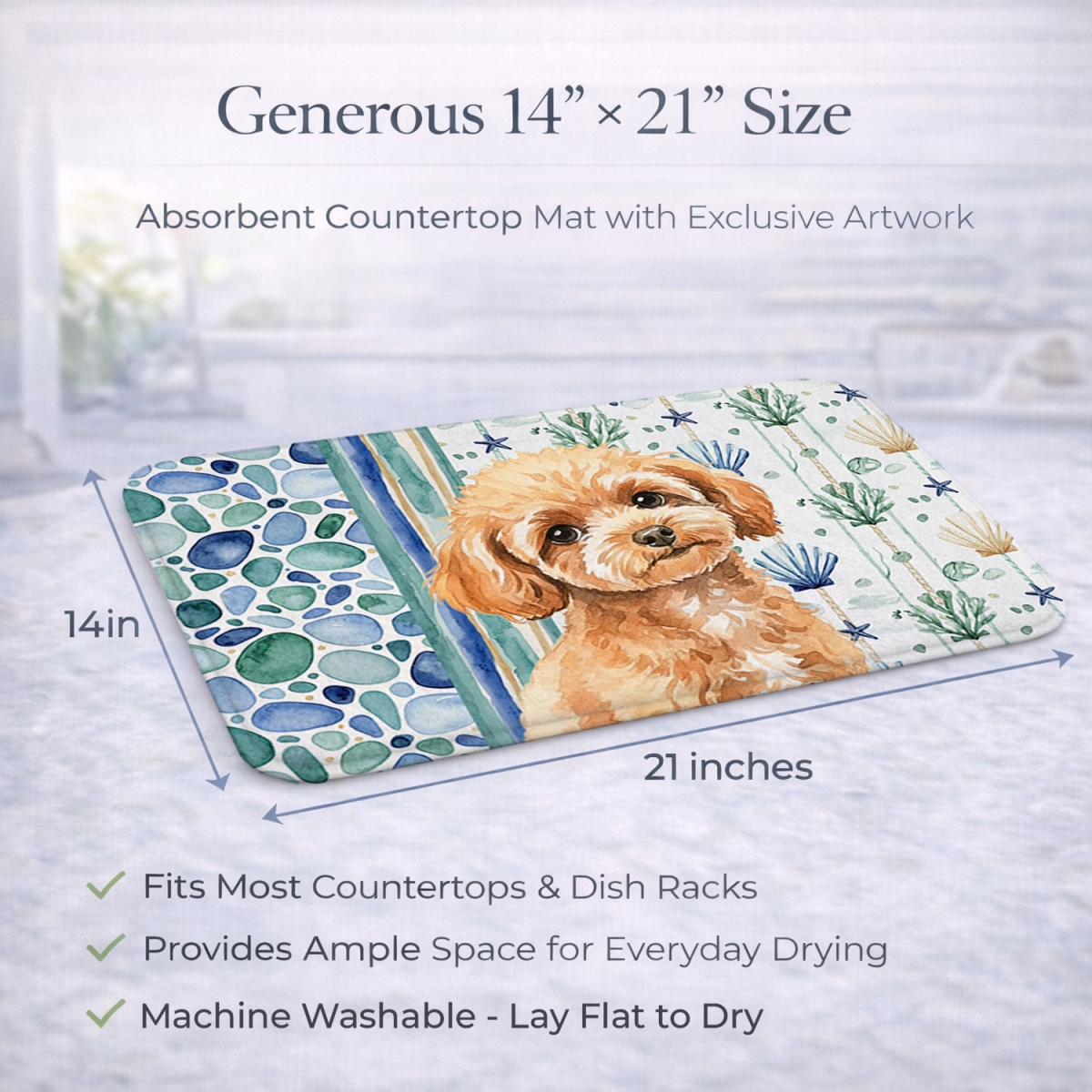 Picture of Carolines Treasures WDK7172DDM 21 x 14 in. Toy Apricot Poodle Coastal Sea Glass Dish Drying Mat