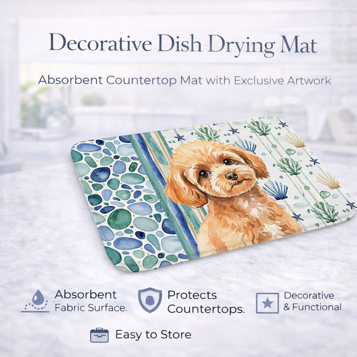Picture of Carolines Treasures WDK7172DDM 21 x 14 in. Toy Apricot Poodle Coastal Sea Glass Dish Drying Mat