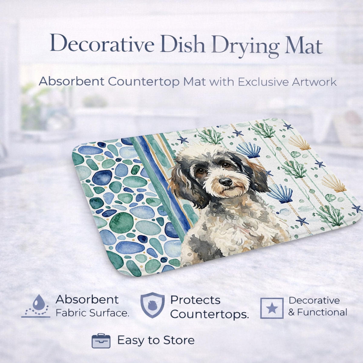 Picture of Carolines Treasures WDK7174DDM 21 x 14 in. Toy Parti Poodle Coastal Sea Glass Dish Drying Mat