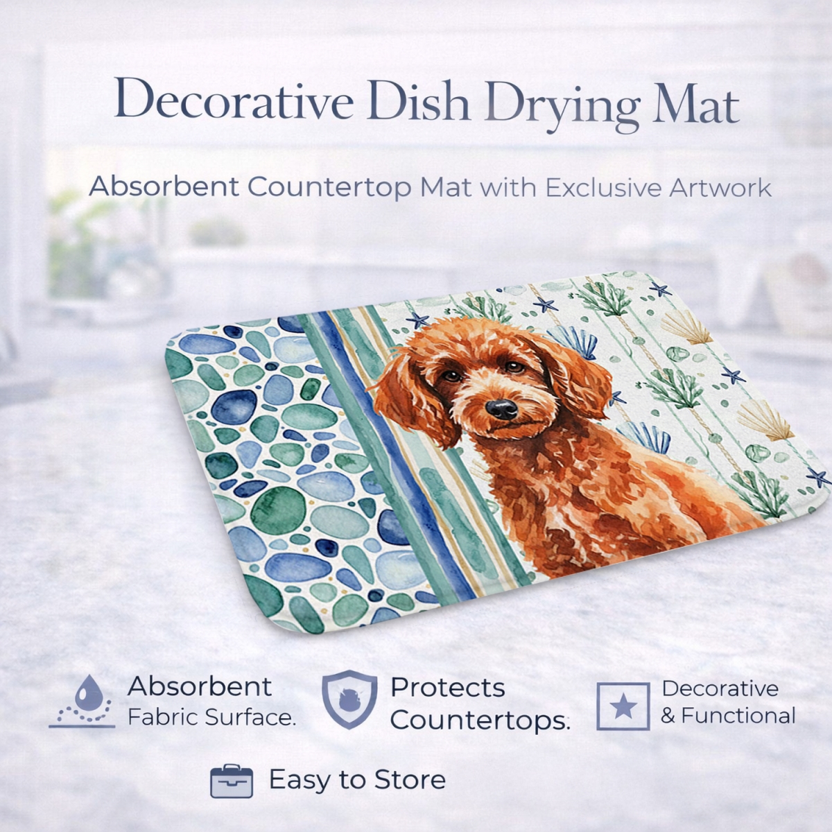 Picture of Carolines Treasures WDK7175DDM 21 x 14 in. Toy Red Poodle Coastal Sea Glass Dish Drying Mat