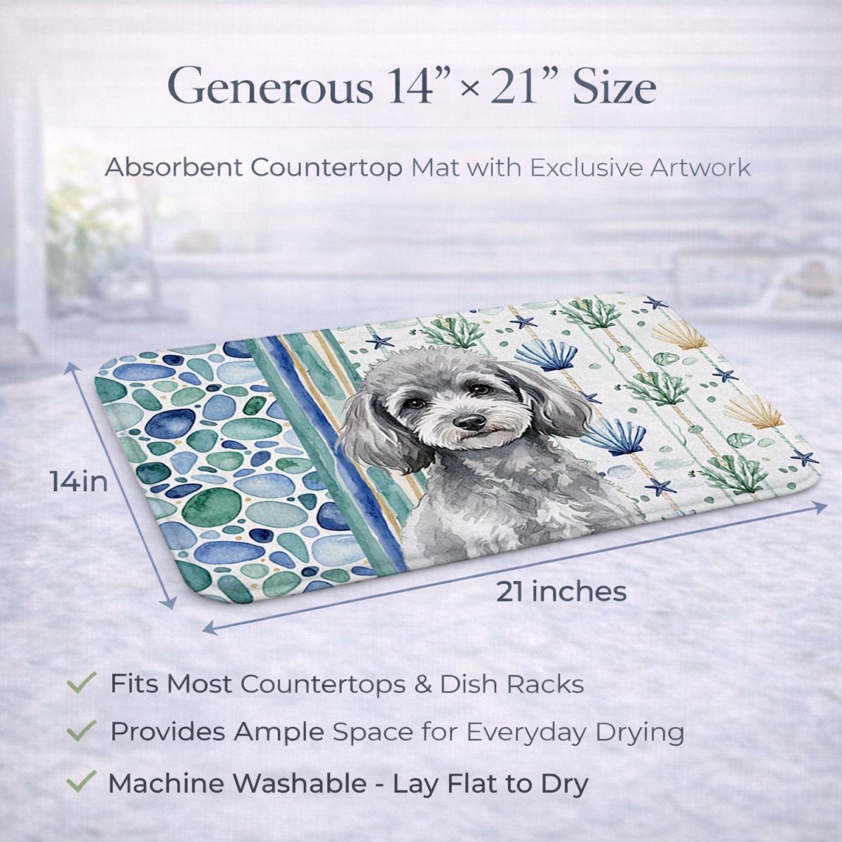 Picture of Carolines Treasures WDK7176DDM 21 x 14 in. Toy Silver Poodle Coastal Sea Glass Dish Drying Mat