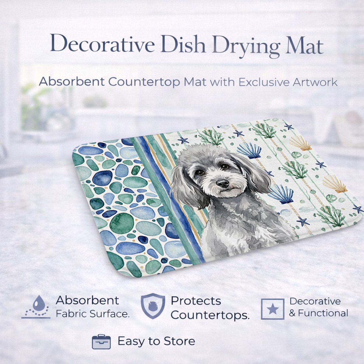 Picture of Carolines Treasures WDK7176DDM 21 x 14 in. Toy Silver Poodle Coastal Sea Glass Dish Drying Mat