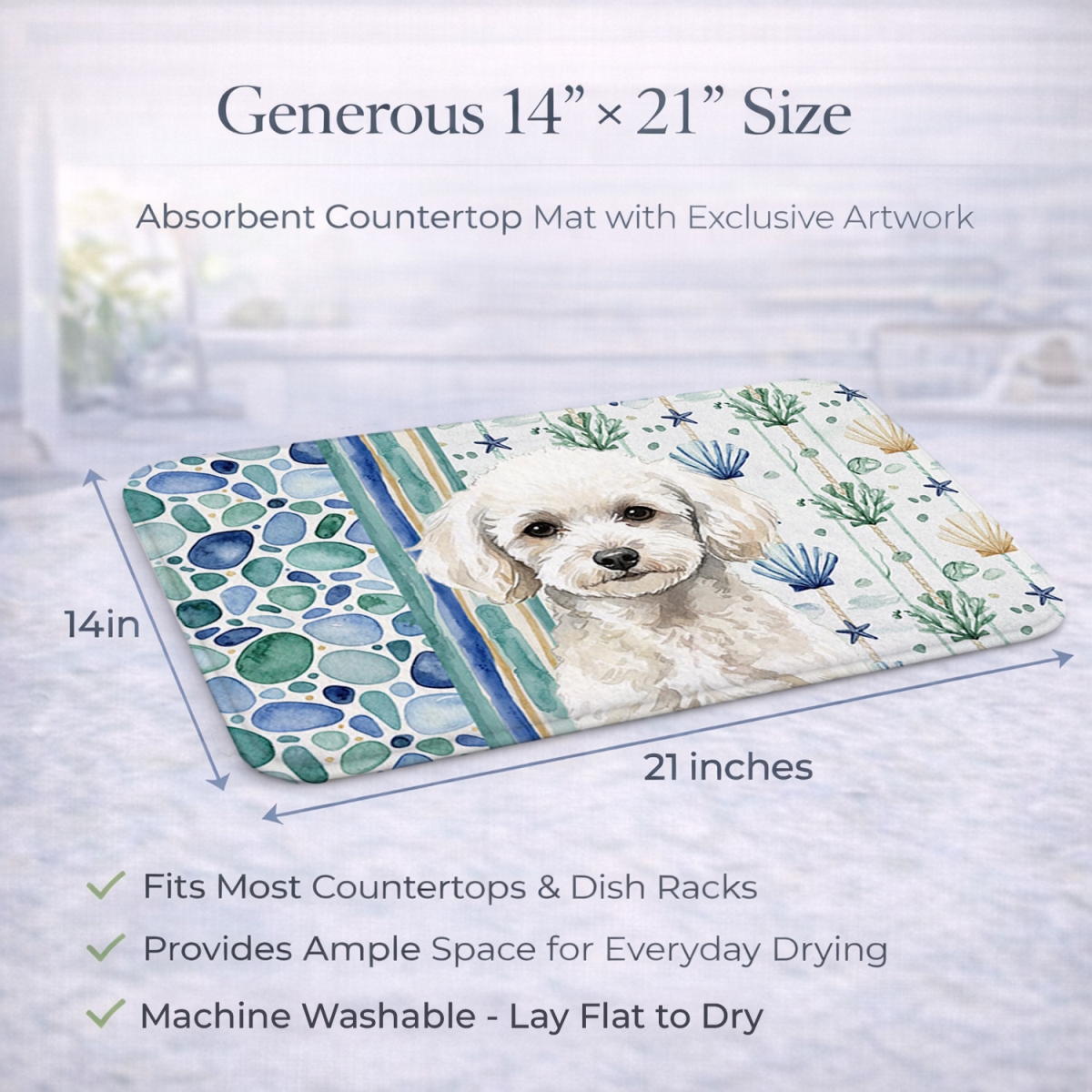 Picture of Carolines Treasures WDK7177DDM 21 x 14 in. Toy White Poodle Coastal Sea Glass Dish Drying Mat