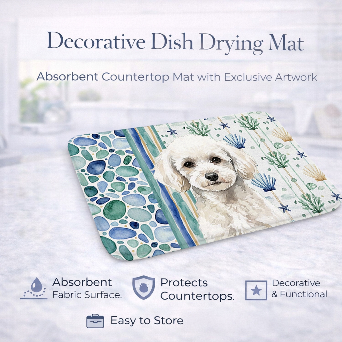 Picture of Carolines Treasures WDK7177DDM 21 x 14 in. Toy White Poodle Coastal Sea Glass Dish Drying Mat