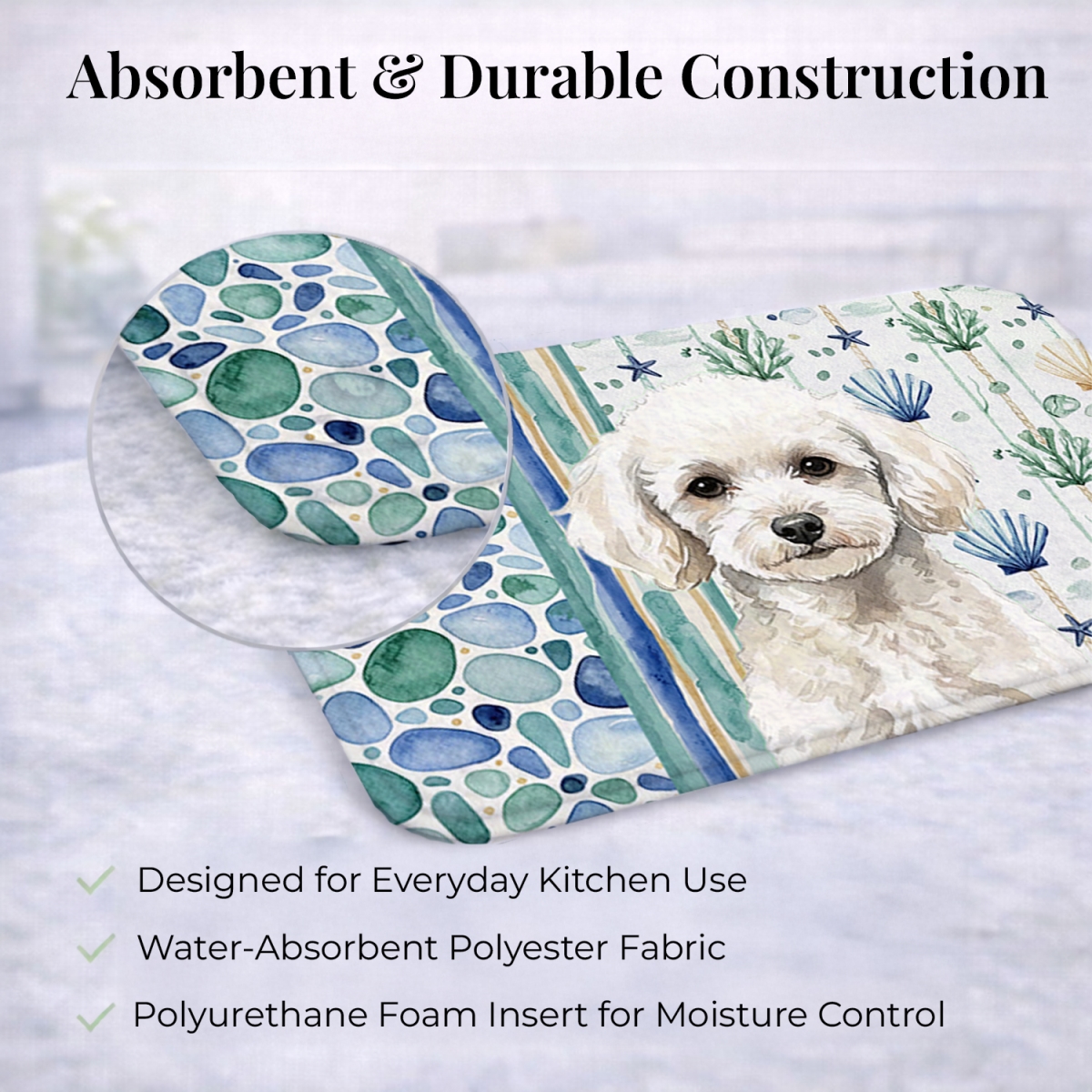 Picture of Carolines Treasures WDK7177DDM 21 x 14 in. Toy White Poodle Coastal Sea Glass Dish Drying Mat