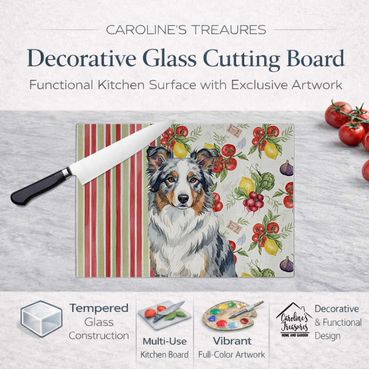 Picture of Carolines Treasures WDK8122LCB 11.25 x 15.25 in. Blue Merle Border Collie Vegetables Glass Cutting Board
