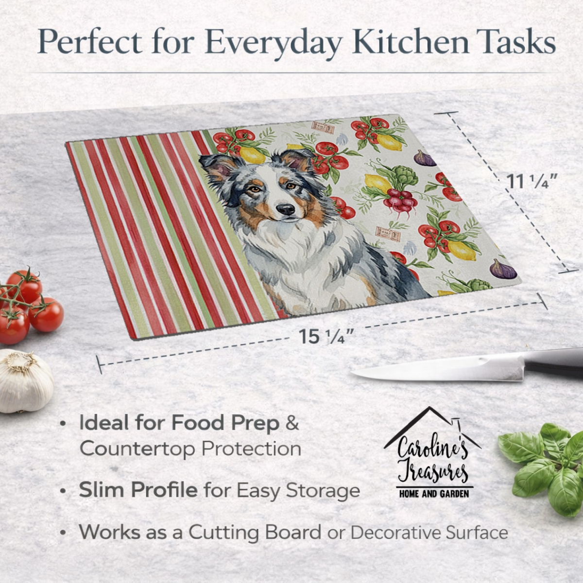 Picture of Carolines Treasures WDK8122LCB 11.25 x 15.25 in. Blue Merle Border Collie Vegetables Glass Cutting Board