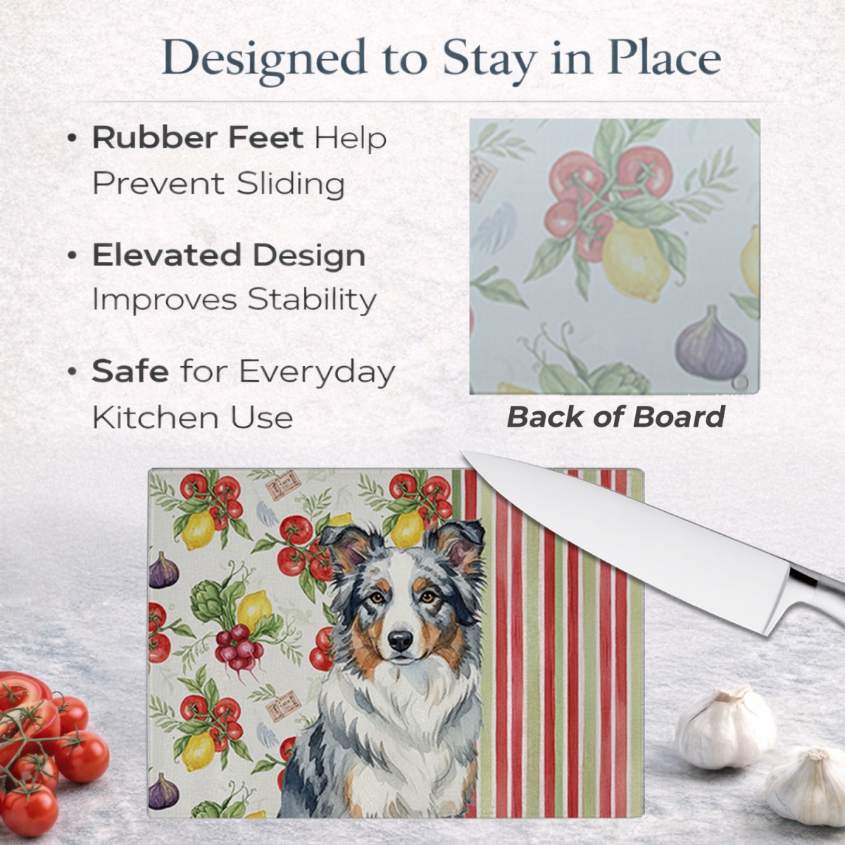 Picture of Carolines Treasures WDK8122LCB 11.25 x 15.25 in. Blue Merle Border Collie Vegetables Glass Cutting Board