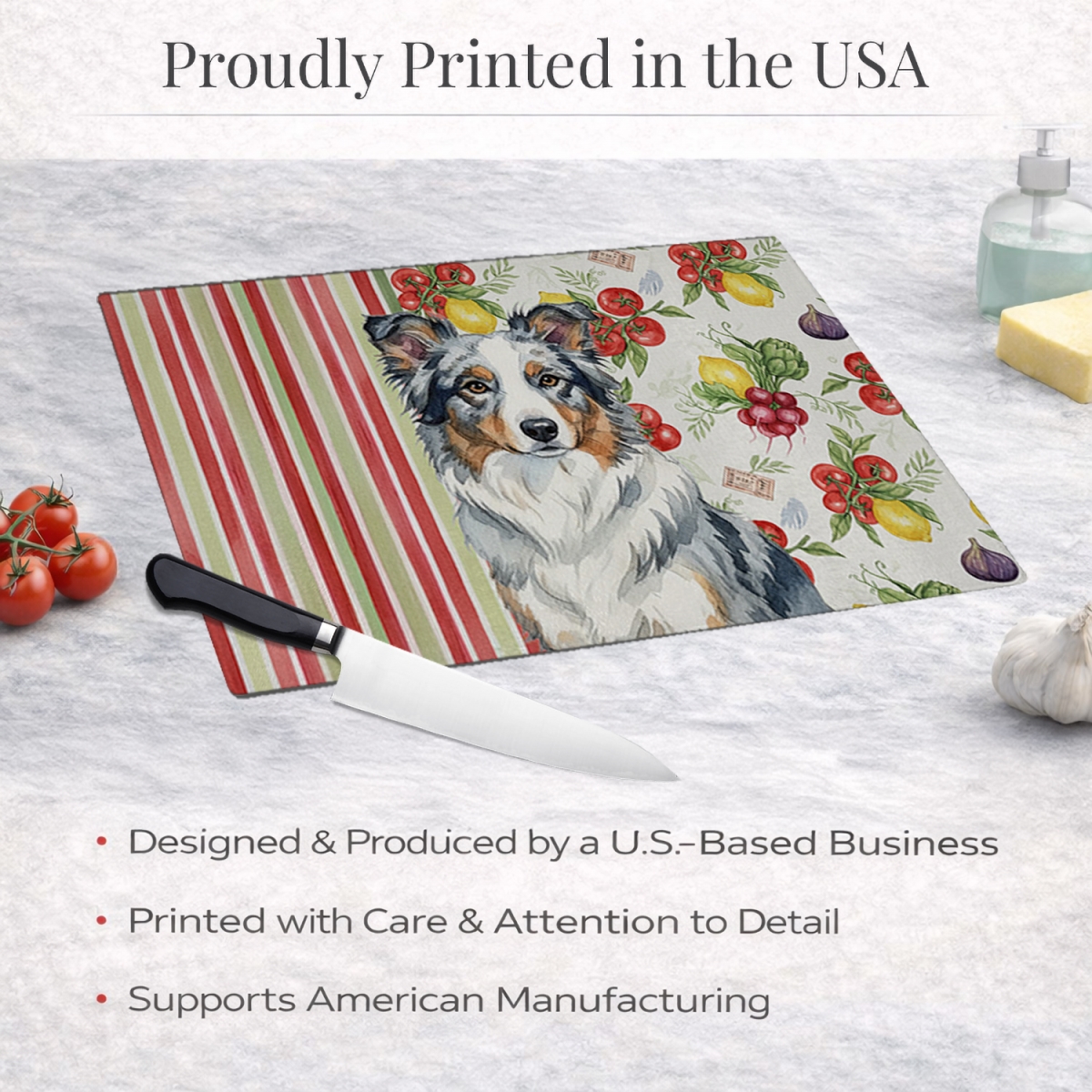 Picture of Carolines Treasures WDK8122LCB 11.25 x 15.25 in. Blue Merle Border Collie Vegetables Glass Cutting Board