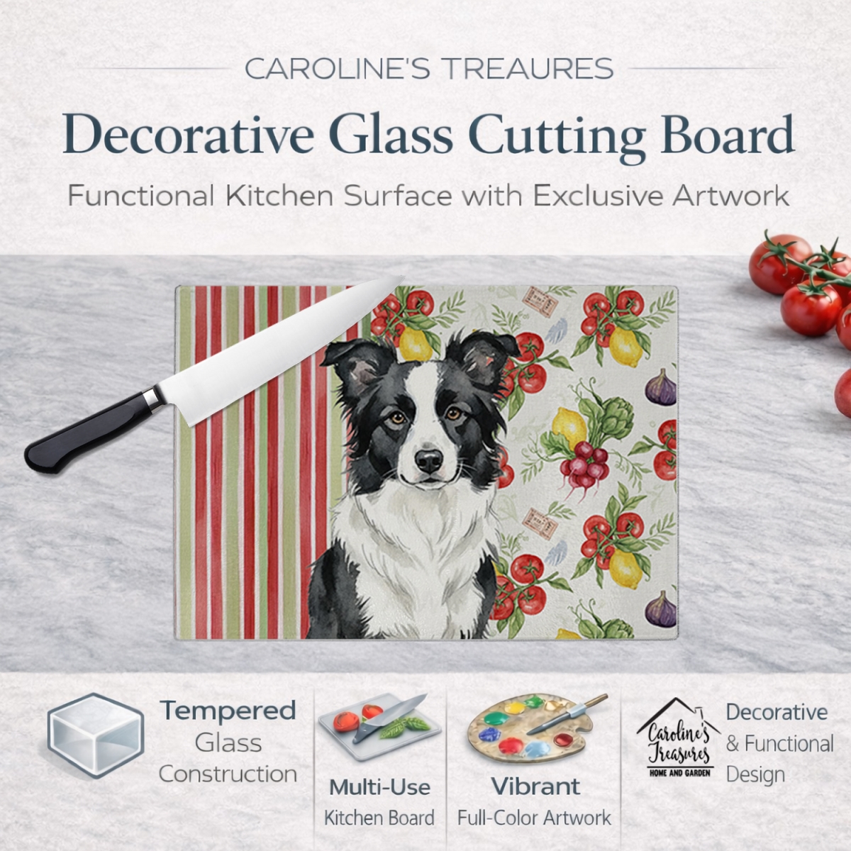 Picture of Carolines Treasures WDK8123LCB 11.25 x 15.25 in. Border Collie Vegetables Glass Cutting Board