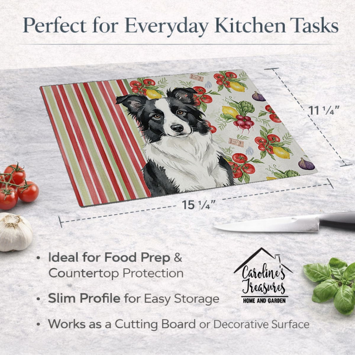 Picture of Carolines Treasures WDK8123LCB 11.25 x 15.25 in. Border Collie Vegetables Glass Cutting Board