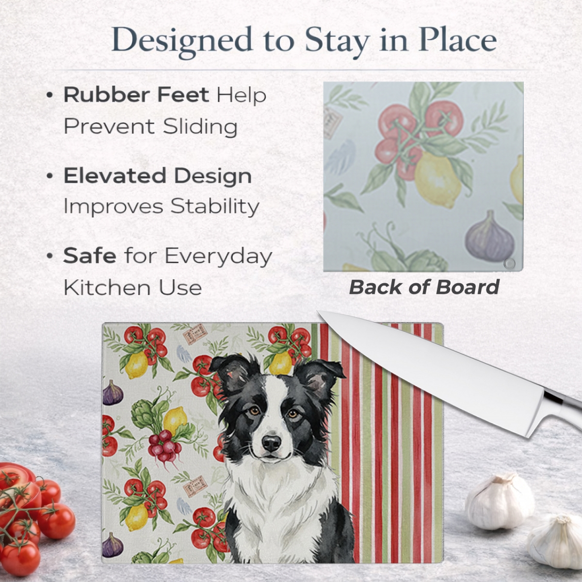 Picture of Carolines Treasures WDK8123LCB 11.25 x 15.25 in. Border Collie Vegetables Glass Cutting Board