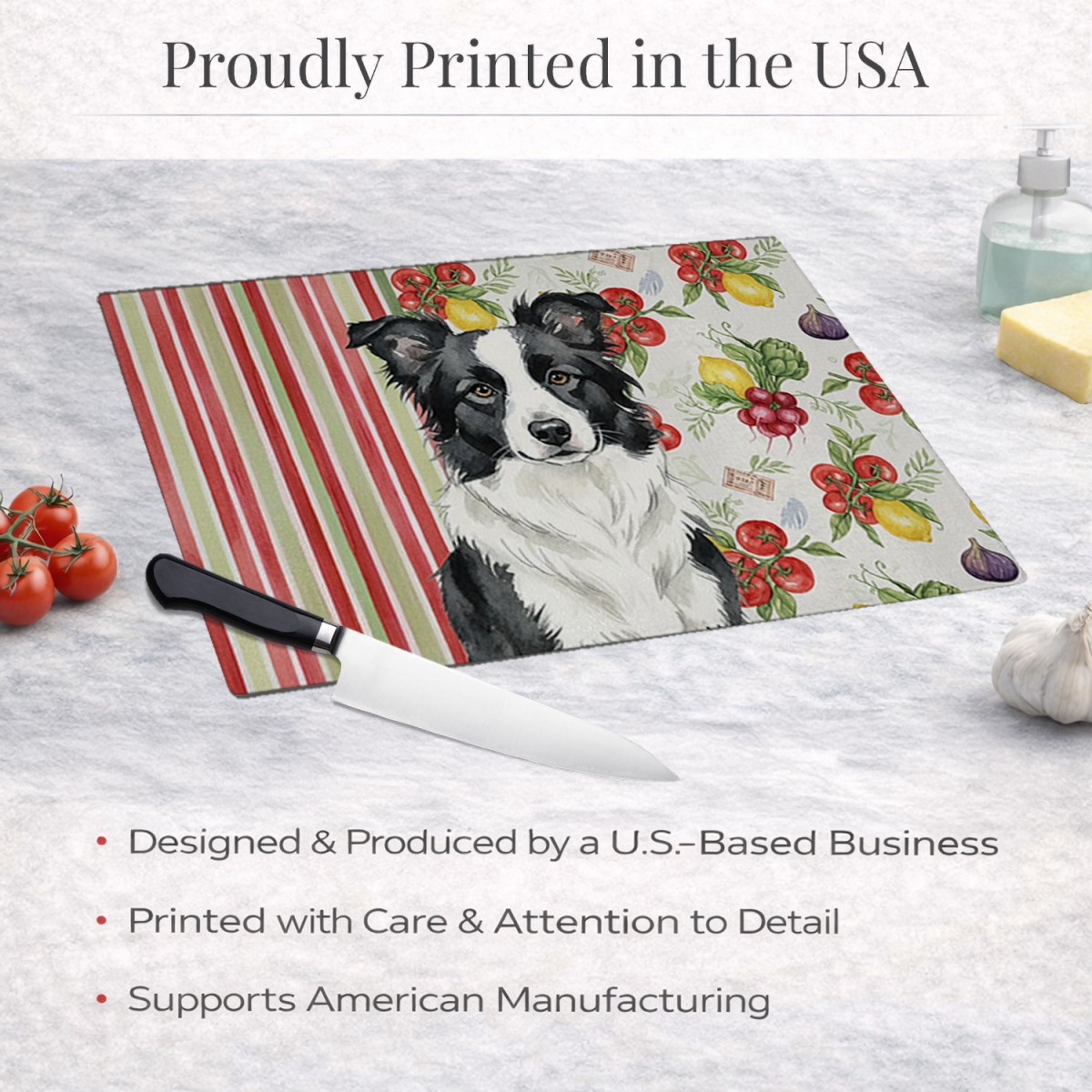 Picture of Carolines Treasures WDK8123LCB 11.25 x 15.25 in. Border Collie Vegetables Glass Cutting Board