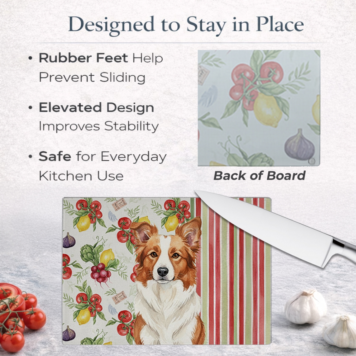 Picture of Carolines Treasures WDK8124LCB 11.25 x 15.25 in. Red & White Border Collie Vegetables Glass Cutting Board