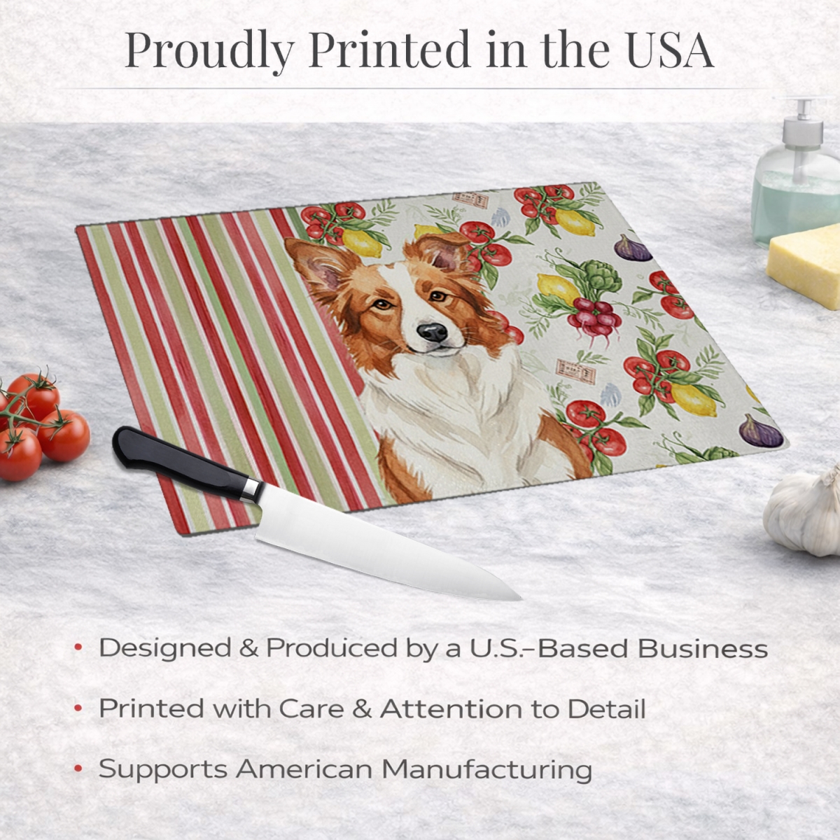 Picture of Carolines Treasures WDK8124LCB 11.25 x 15.25 in. Red & White Border Collie Vegetables Glass Cutting Board