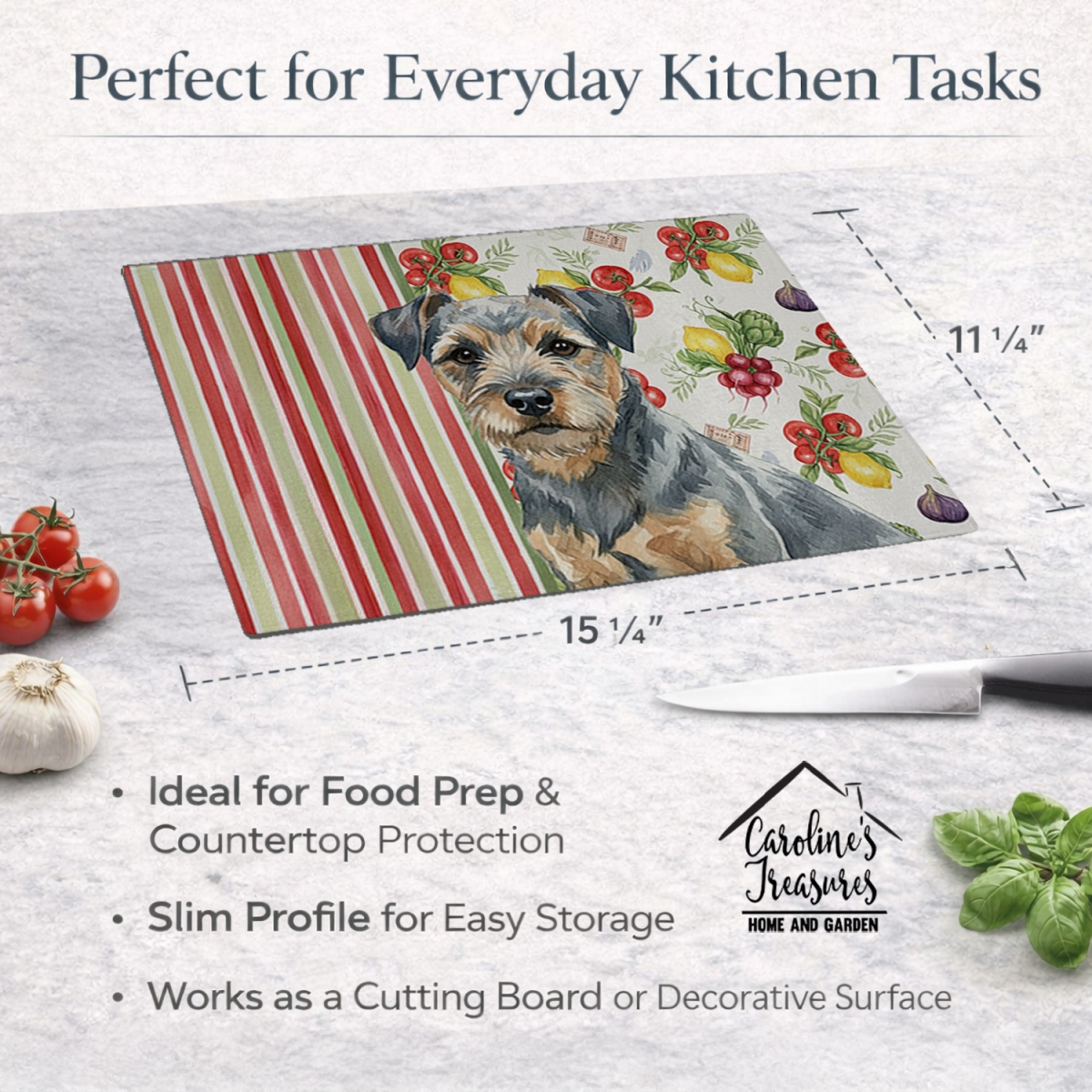 Picture of Carolines Treasures WDK8125LCB 11.25 x 15.25 in. Blue & Tan Border Terrier Vegetables Glass Cutting Board