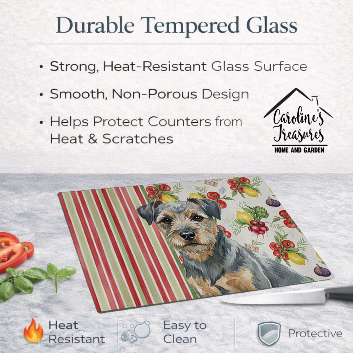 Picture of Carolines Treasures WDK8125LCB 11.25 x 15.25 in. Blue & Tan Border Terrier Vegetables Glass Cutting Board