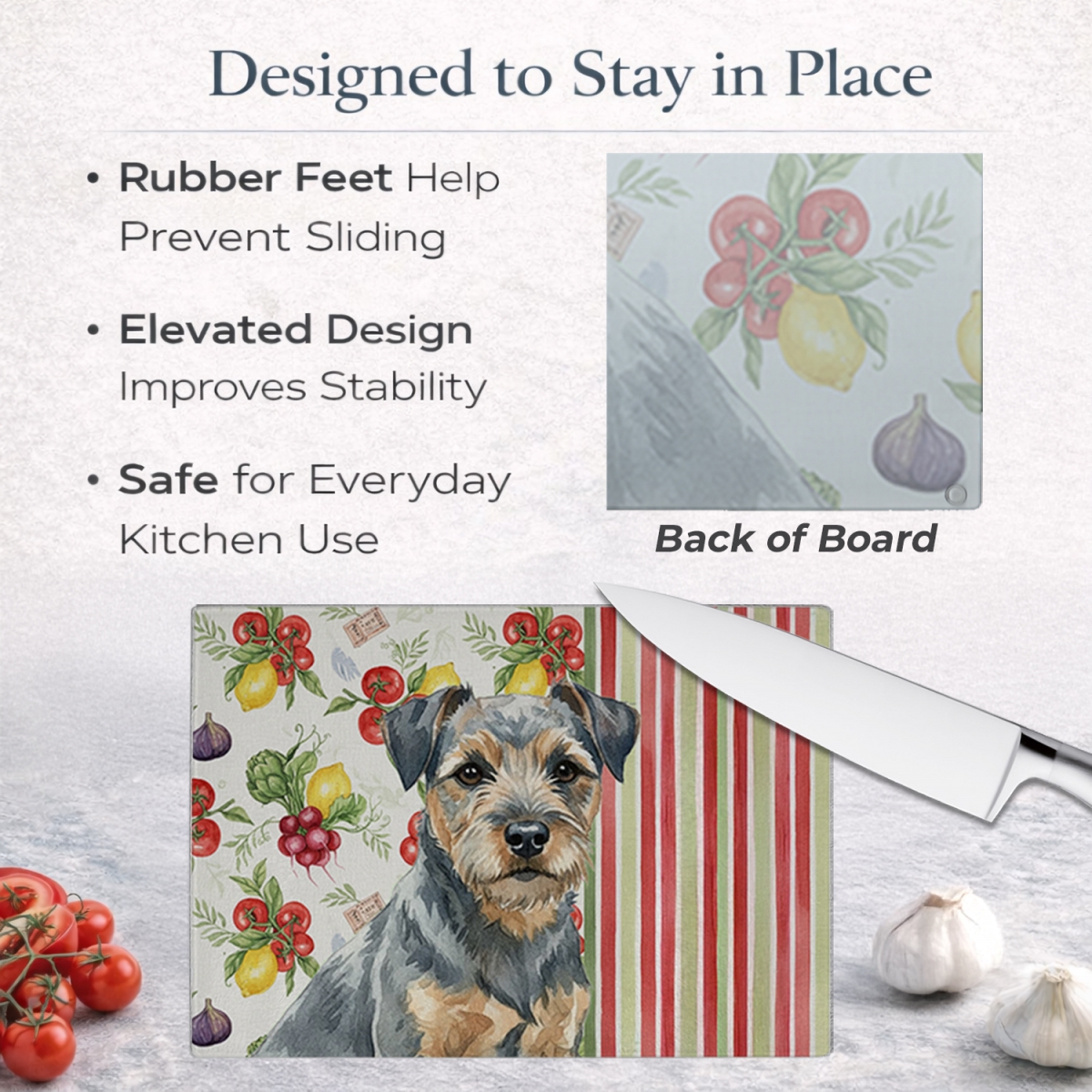 Picture of Carolines Treasures WDK8125LCB 11.25 x 15.25 in. Blue & Tan Border Terrier Vegetables Glass Cutting Board
