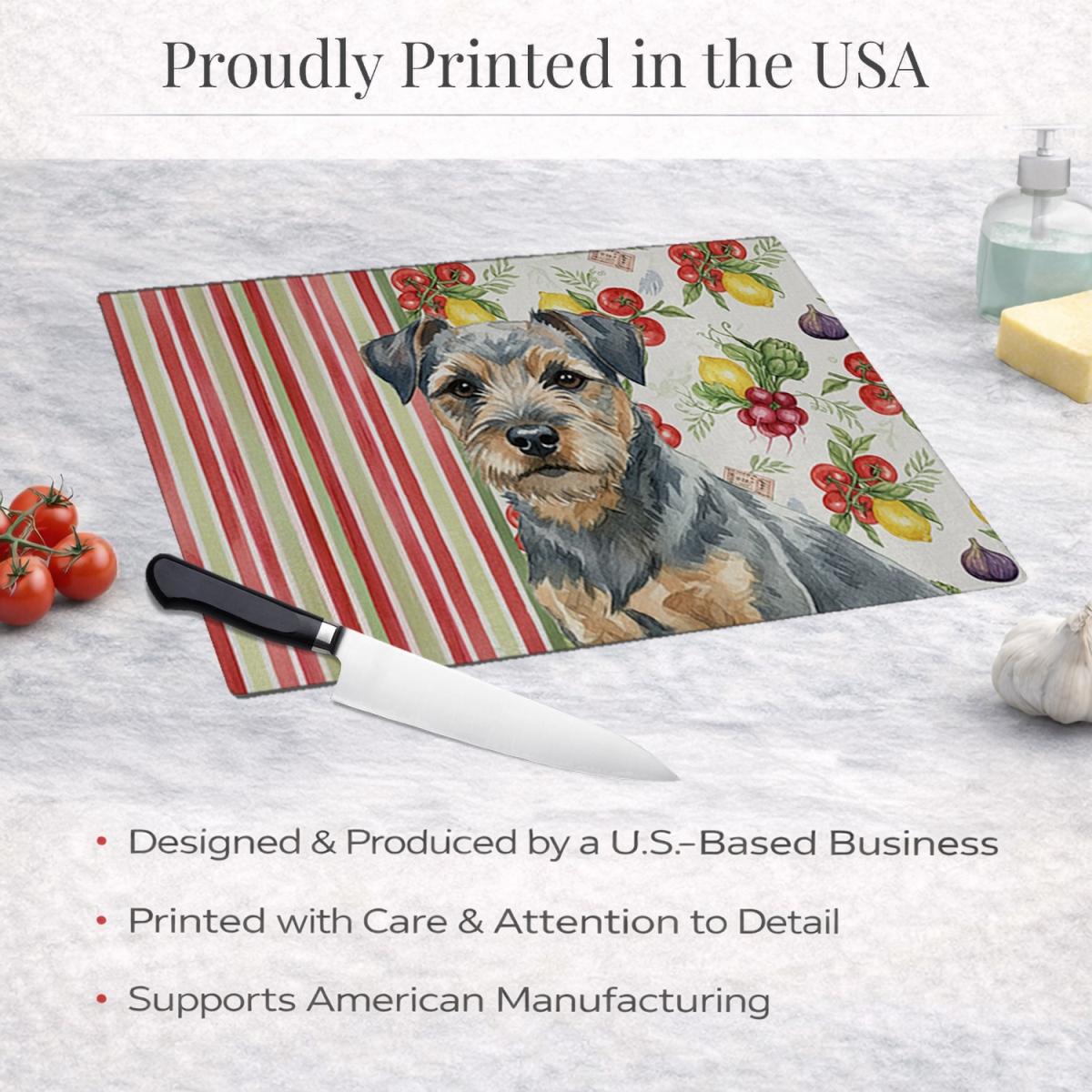 Picture of Carolines Treasures WDK8125LCB 11.25 x 15.25 in. Blue & Tan Border Terrier Vegetables Glass Cutting Board