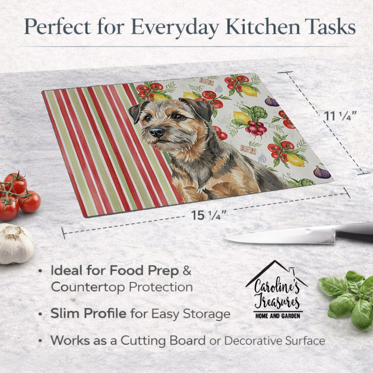 Picture of Carolines Treasures WDK8126LCB 11.25 x 15.25 in. Grizzle & Tan Border Terrier Vegetables Glass Cutting Board
