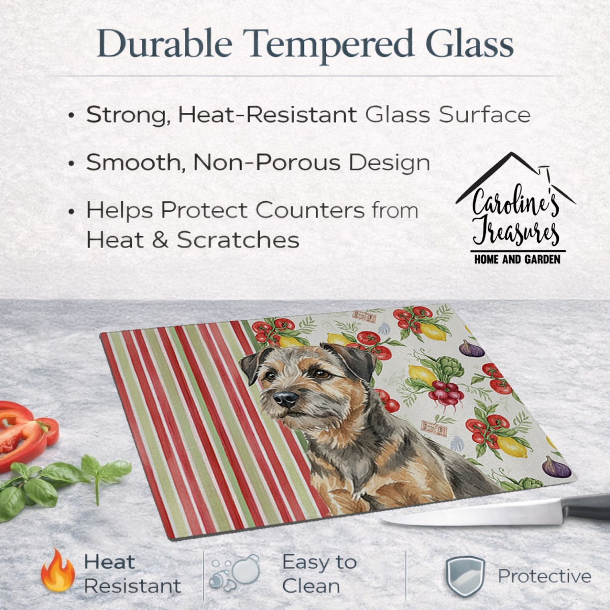 Picture of Carolines Treasures WDK8126LCB 11.25 x 15.25 in. Grizzle & Tan Border Terrier Vegetables Glass Cutting Board