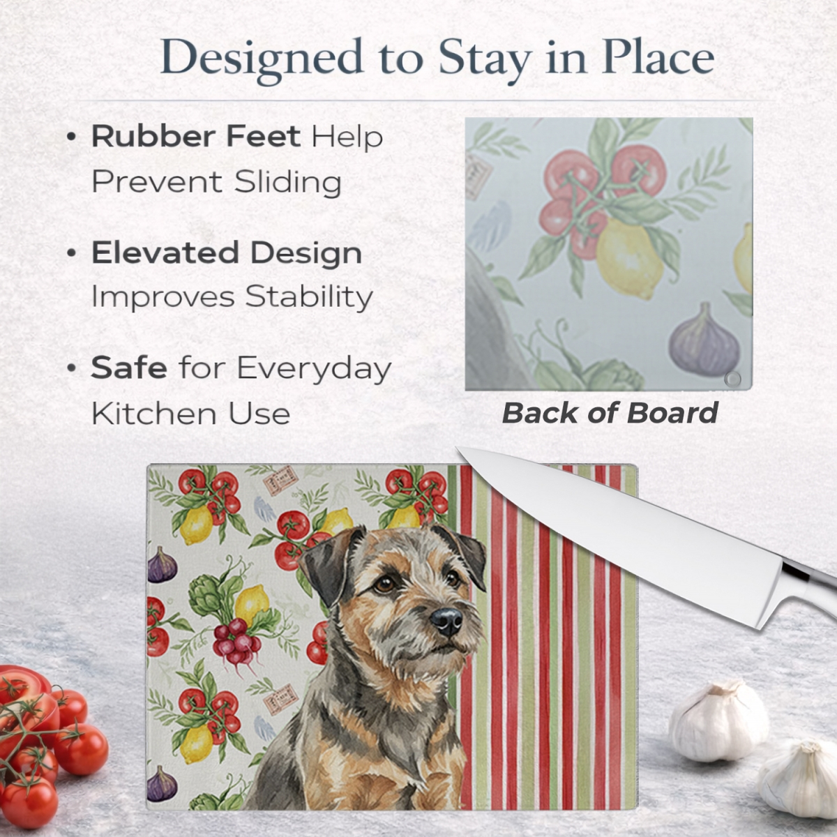 Picture of Carolines Treasures WDK8126LCB 11.25 x 15.25 in. Grizzle & Tan Border Terrier Vegetables Glass Cutting Board