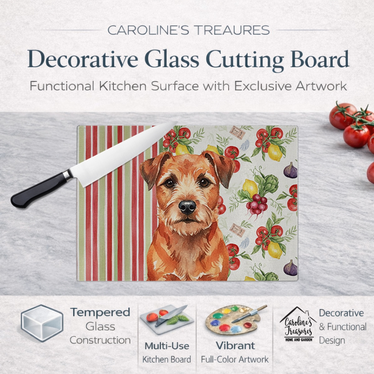 Picture of Carolines Treasures WDK8127LCB 11.25 x 15.25 in. Red Border Terrier Vegetables Glass Cutting Board
