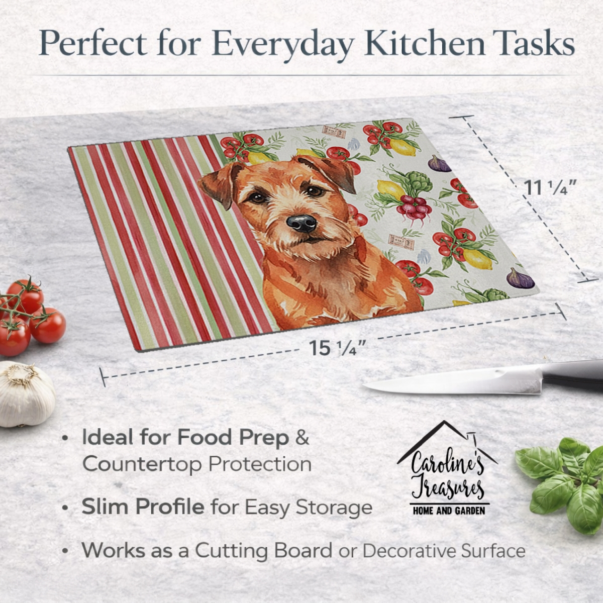 Picture of Carolines Treasures WDK8127LCB 11.25 x 15.25 in. Red Border Terrier Vegetables Glass Cutting Board