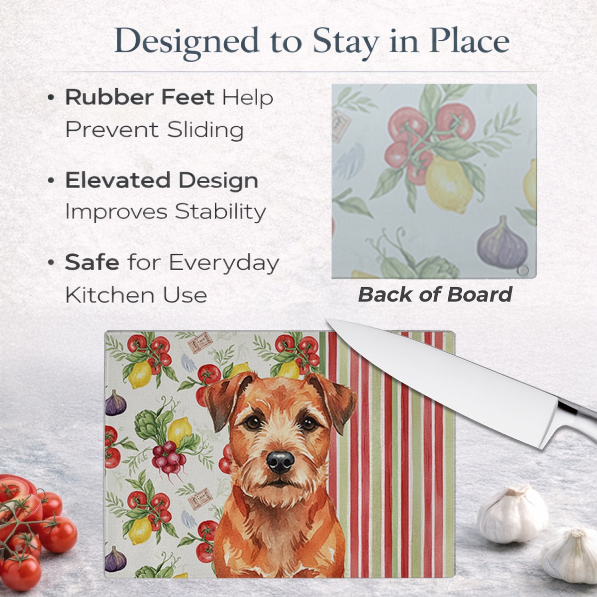 Picture of Carolines Treasures WDK8127LCB 11.25 x 15.25 in. Red Border Terrier Vegetables Glass Cutting Board