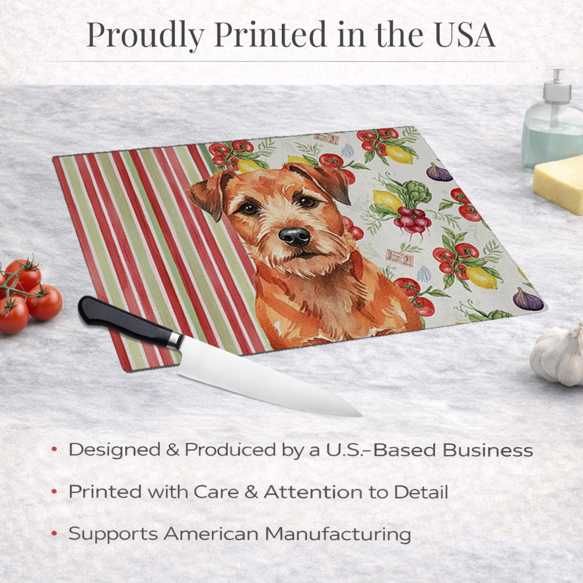 Picture of Carolines Treasures WDK8127LCB 11.25 x 15.25 in. Red Border Terrier Vegetables Glass Cutting Board