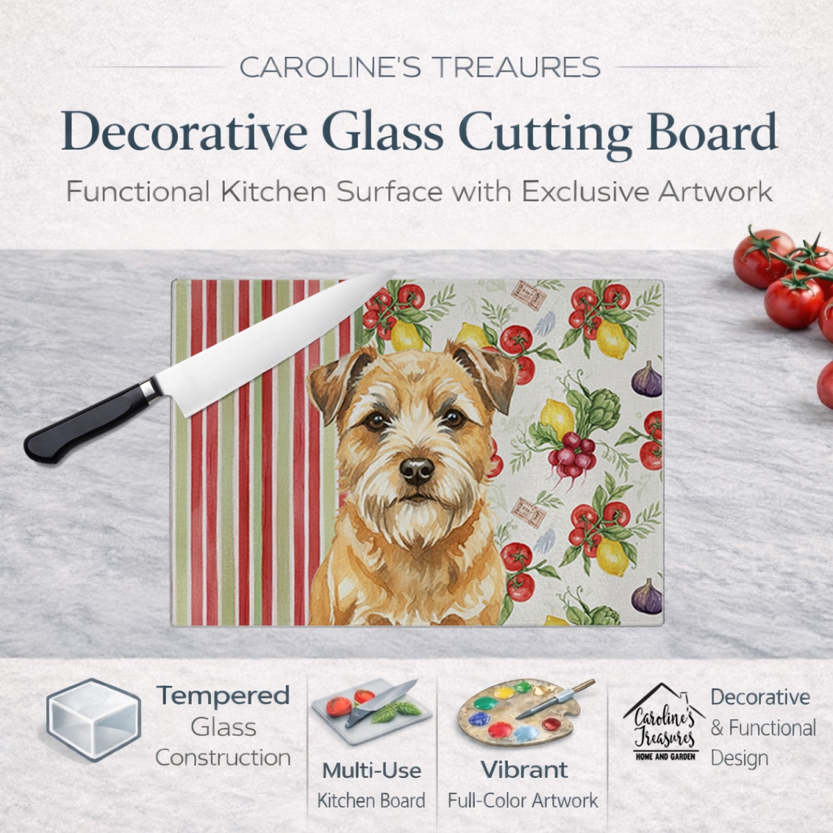Picture of Carolines Treasures WDK8128LCB 11.25 x 15.25 in. Wheaten Border Terrier Vegetables Glass Cutting Board