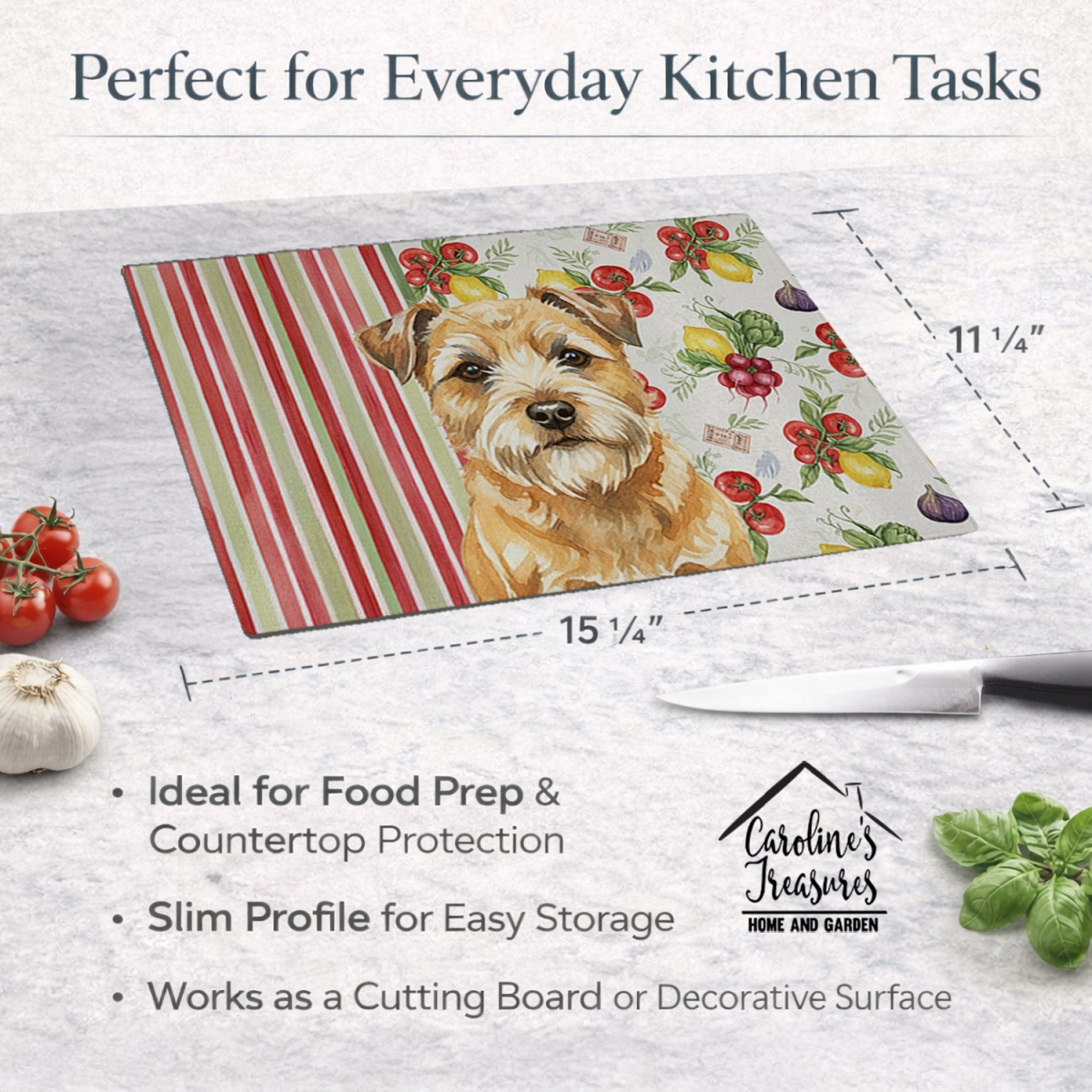 Picture of Carolines Treasures WDK8128LCB 11.25 x 15.25 in. Wheaten Border Terrier Vegetables Glass Cutting Board
