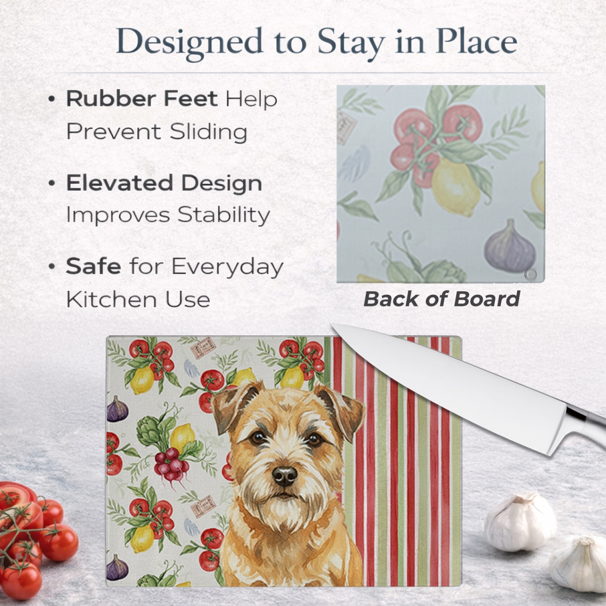 Picture of Carolines Treasures WDK8128LCB 11.25 x 15.25 in. Wheaten Border Terrier Vegetables Glass Cutting Board