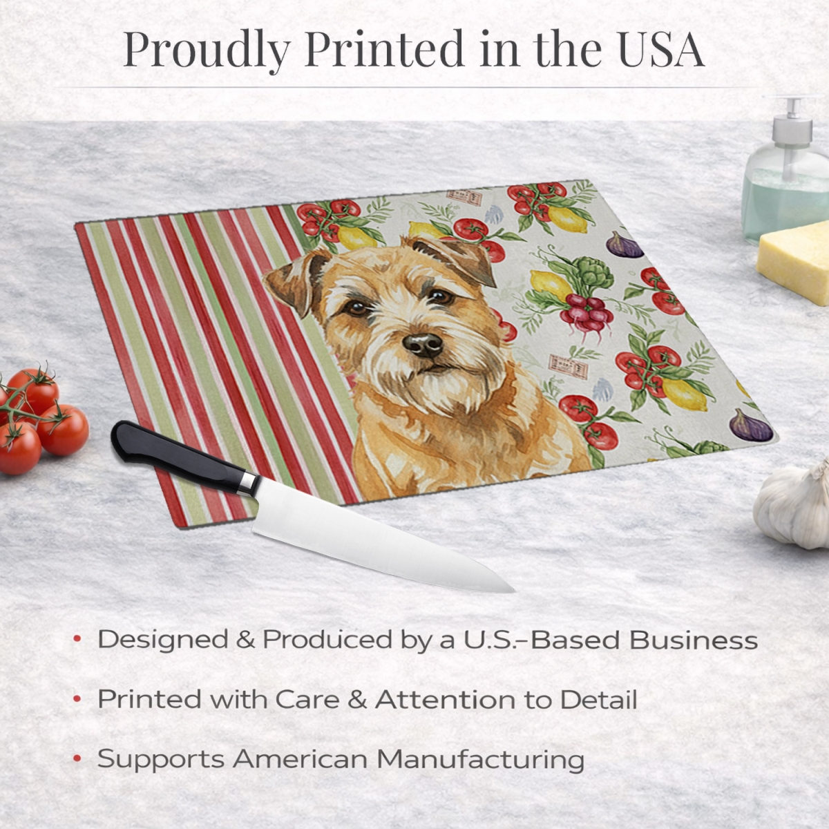 Picture of Carolines Treasures WDK8128LCB 11.25 x 15.25 in. Wheaten Border Terrier Vegetables Glass Cutting Board