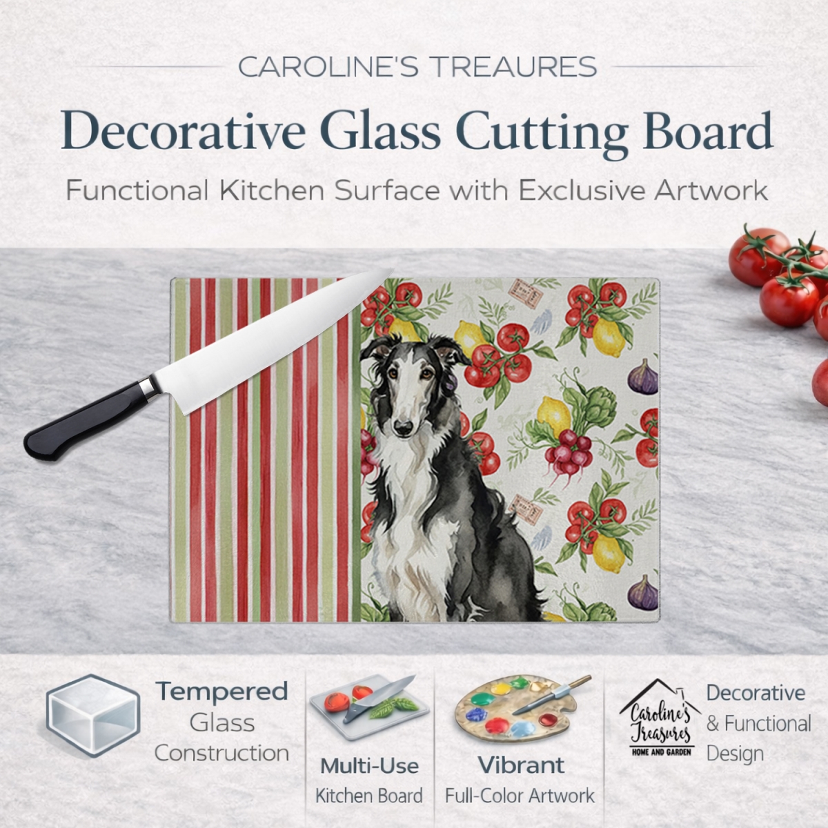 Picture of Carolines Treasures WDK8129LCB 11.25 x 15.25 in. Black & White Borzoi Vegetables Glass Cutting Board