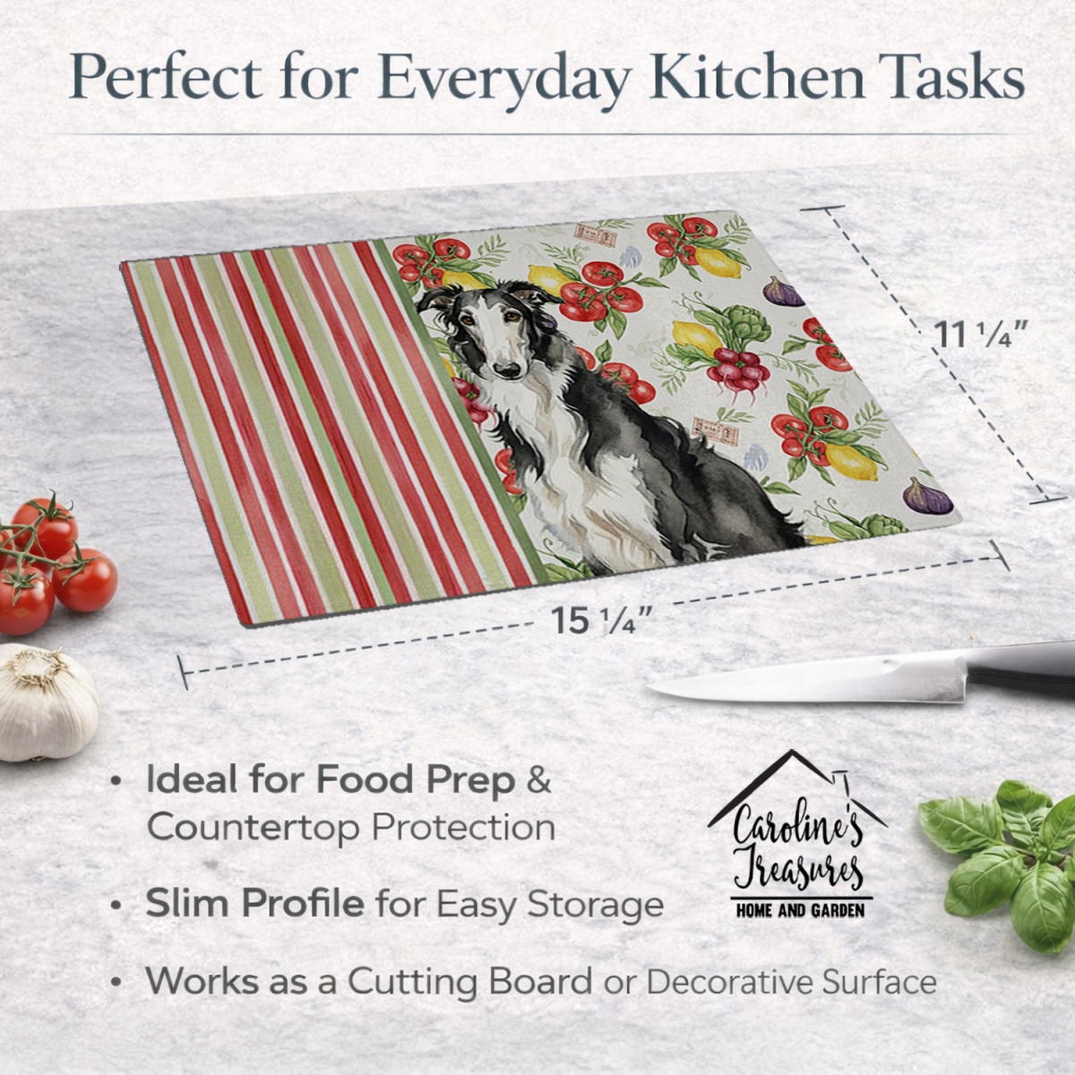 Picture of Carolines Treasures WDK8129LCB 11.25 x 15.25 in. Black & White Borzoi Vegetables Glass Cutting Board