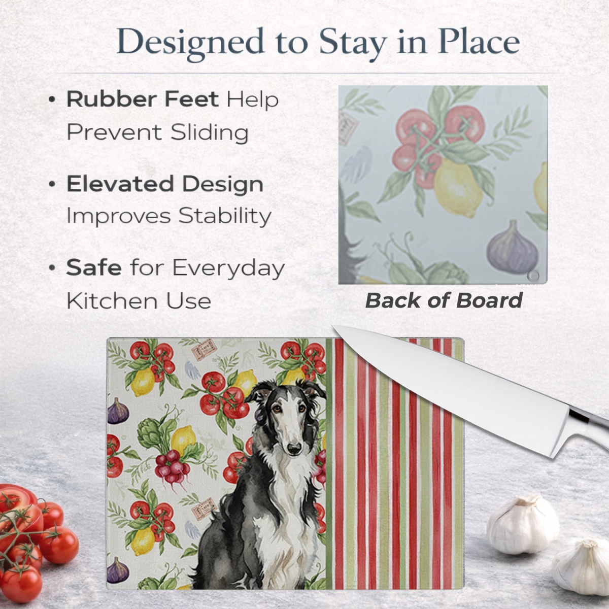 Picture of Carolines Treasures WDK8129LCB 11.25 x 15.25 in. Black & White Borzoi Vegetables Glass Cutting Board
