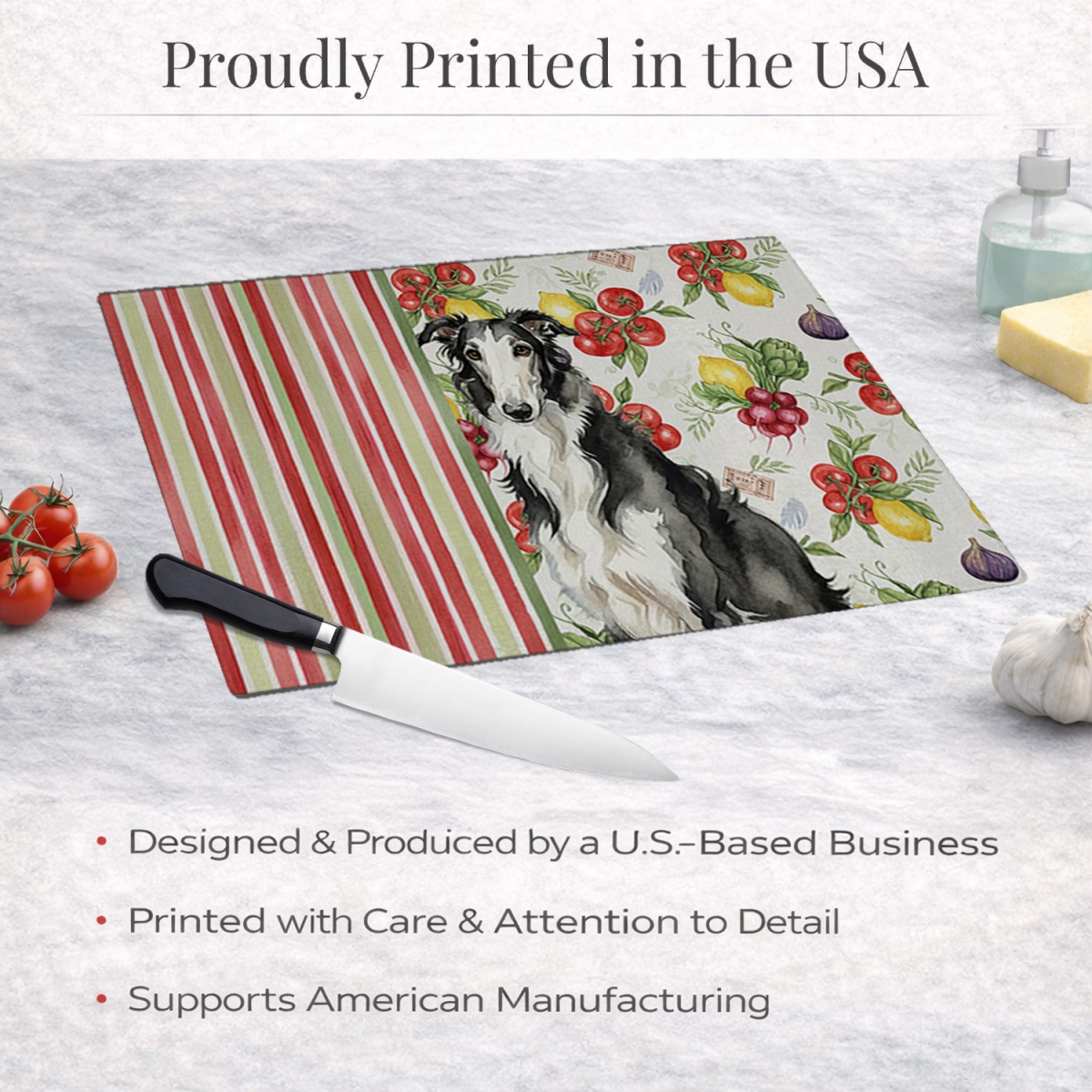 Picture of Carolines Treasures WDK8129LCB 11.25 x 15.25 in. Black & White Borzoi Vegetables Glass Cutting Board