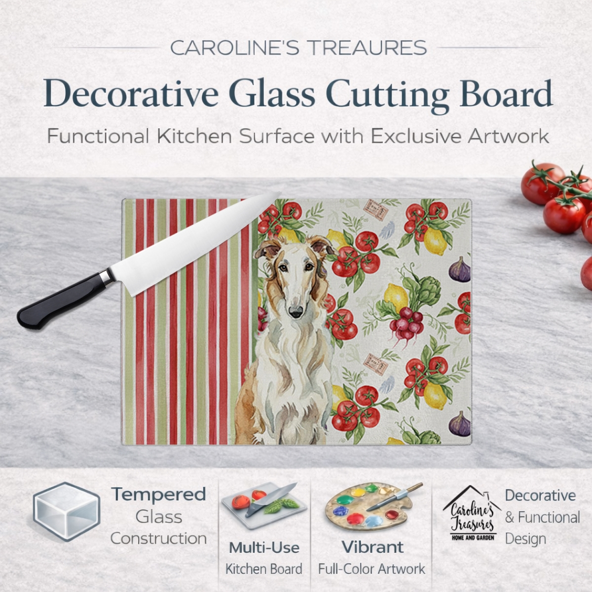 Picture of Carolines Treasures WDK8130LCB 11.25 x 15.25 in. Borzoi Vegetables Glass Cutting Board
