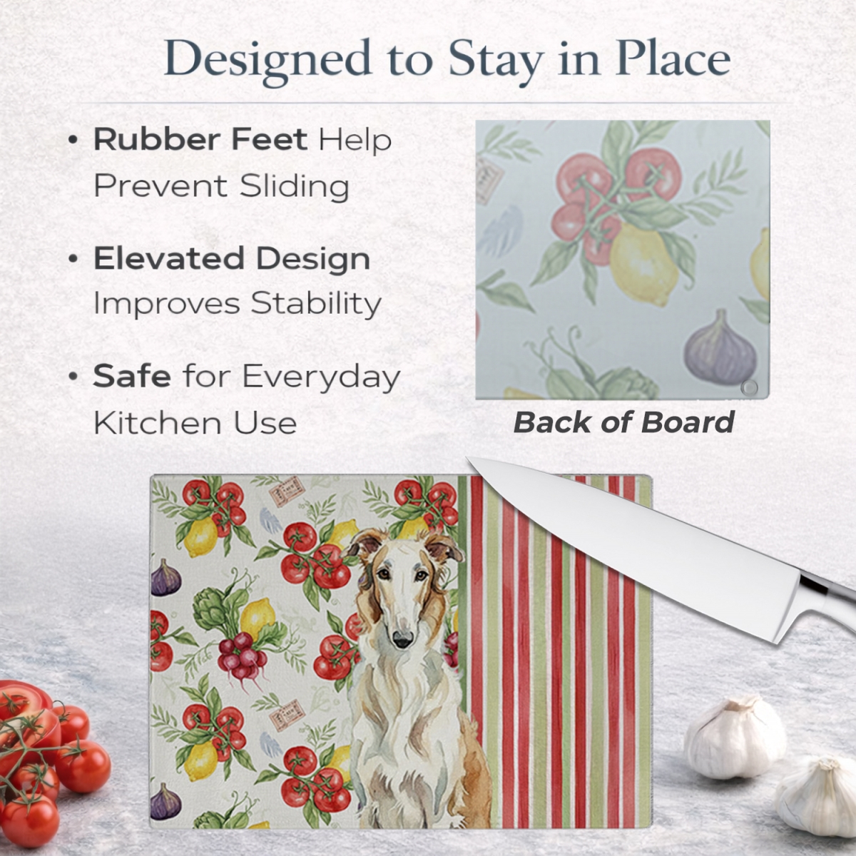 Picture of Carolines Treasures WDK8130LCB 11.25 x 15.25 in. Borzoi Vegetables Glass Cutting Board