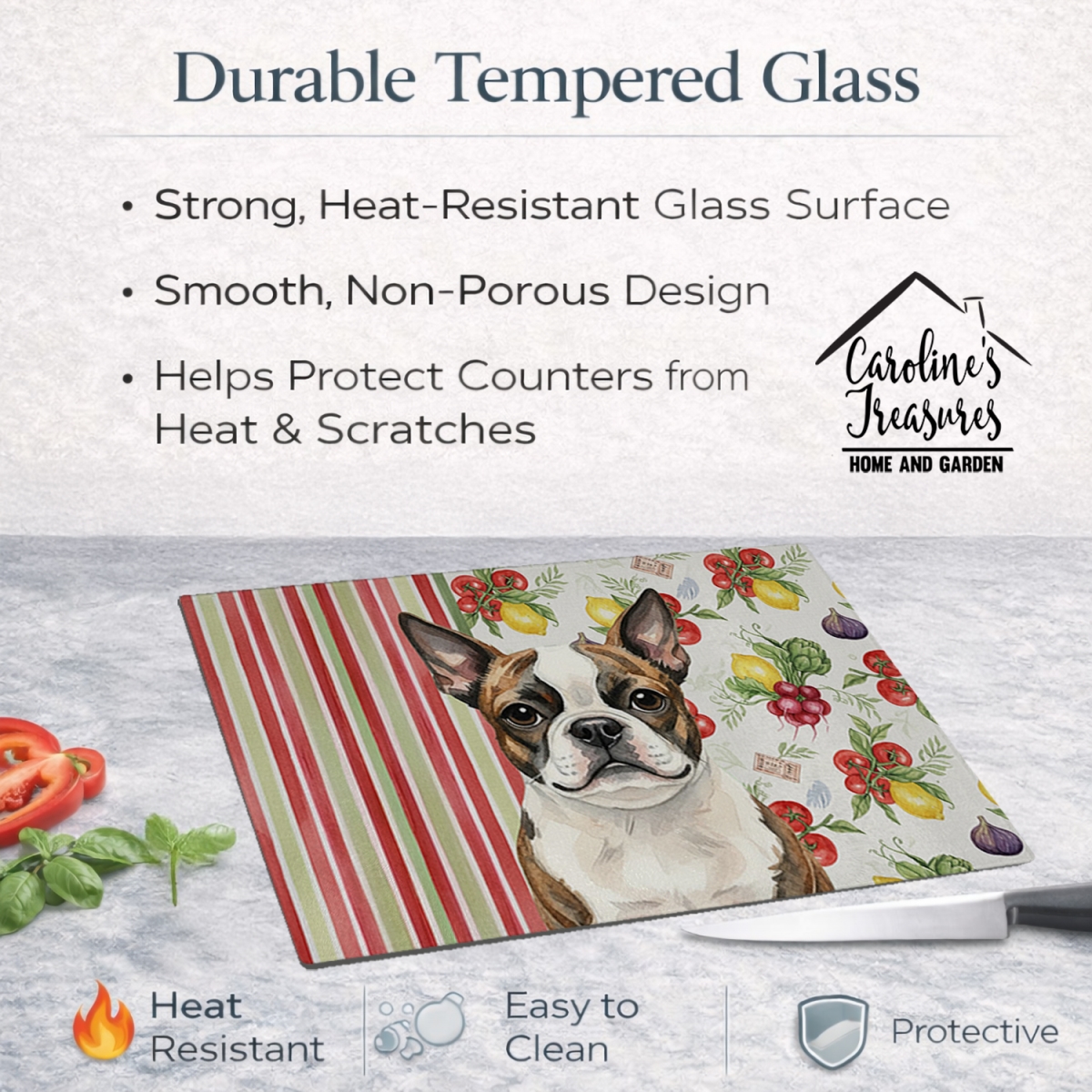 Picture of Carolines Treasures WDK8131LCB 11.25 x 15.25 in. Brindle Boston Terrier Vegetables Glass Cutting Board