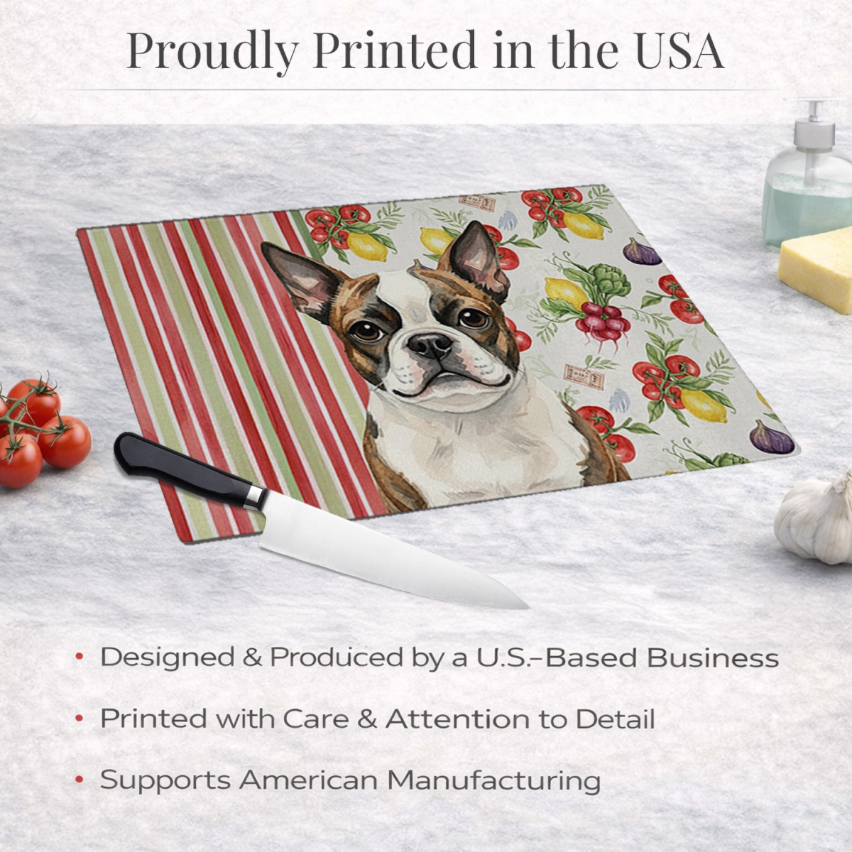 Picture of Carolines Treasures WDK8131LCB 11.25 x 15.25 in. Brindle Boston Terrier Vegetables Glass Cutting Board